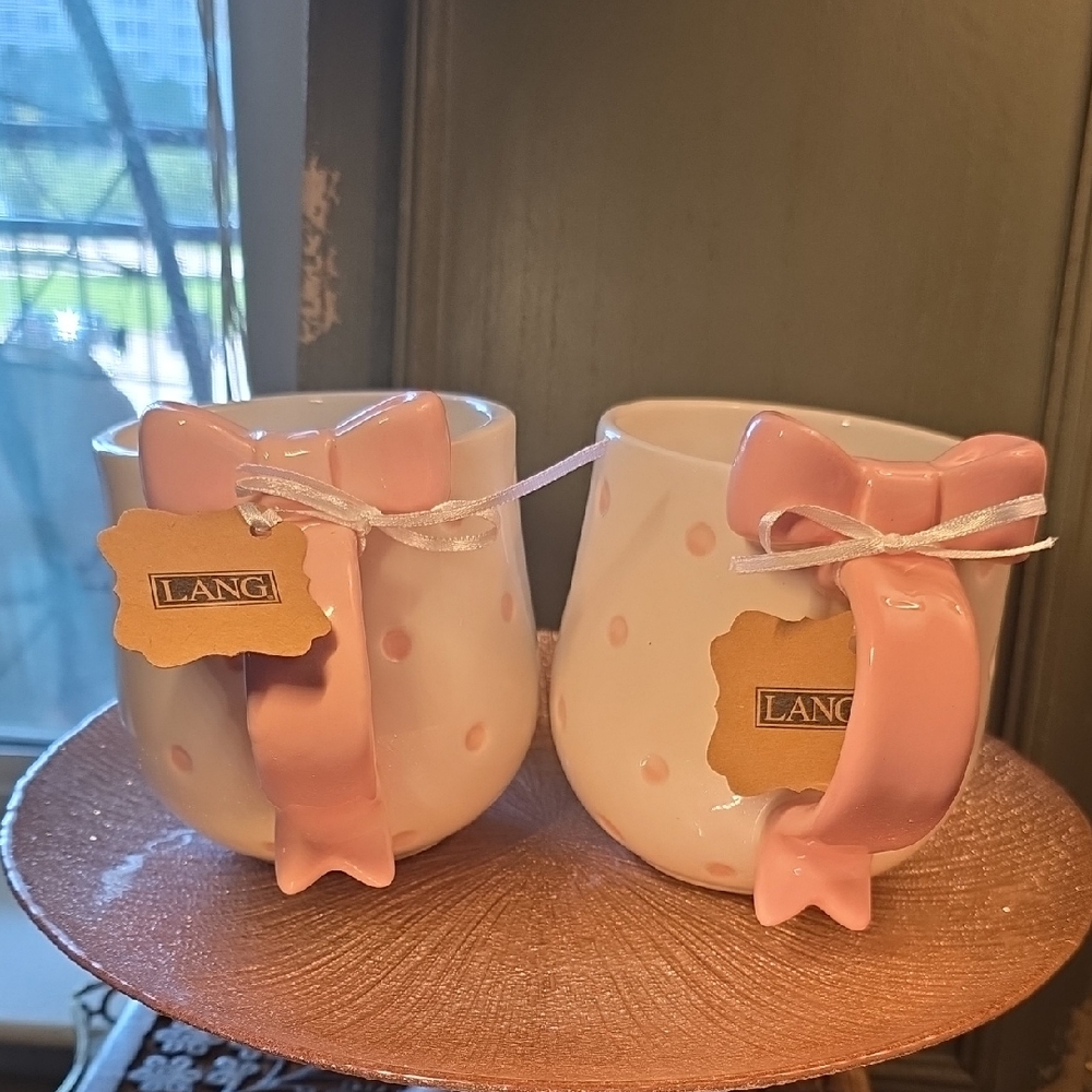 Set of LANG Pink Polka Dot Mugs with Bow Handle